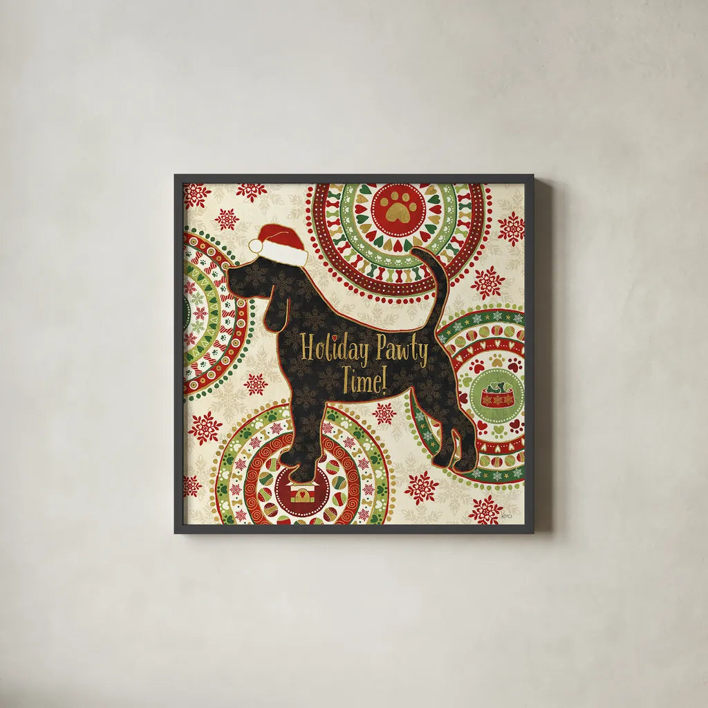 Happy Holidogs II by Veronique Charron. Shown in a sleek black glass frame for a contemporary gallery look. Available as an archival giclee rolled canvas, fine art paper, or poster print. SKU 26060a.