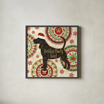 Happy Holidogs II by Veronique Charron. Shown in a sleek black glass frame for a contemporary gallery look. Available as an archival giclee rolled canvas, fine art paper, or poster print. SKU 26060a.