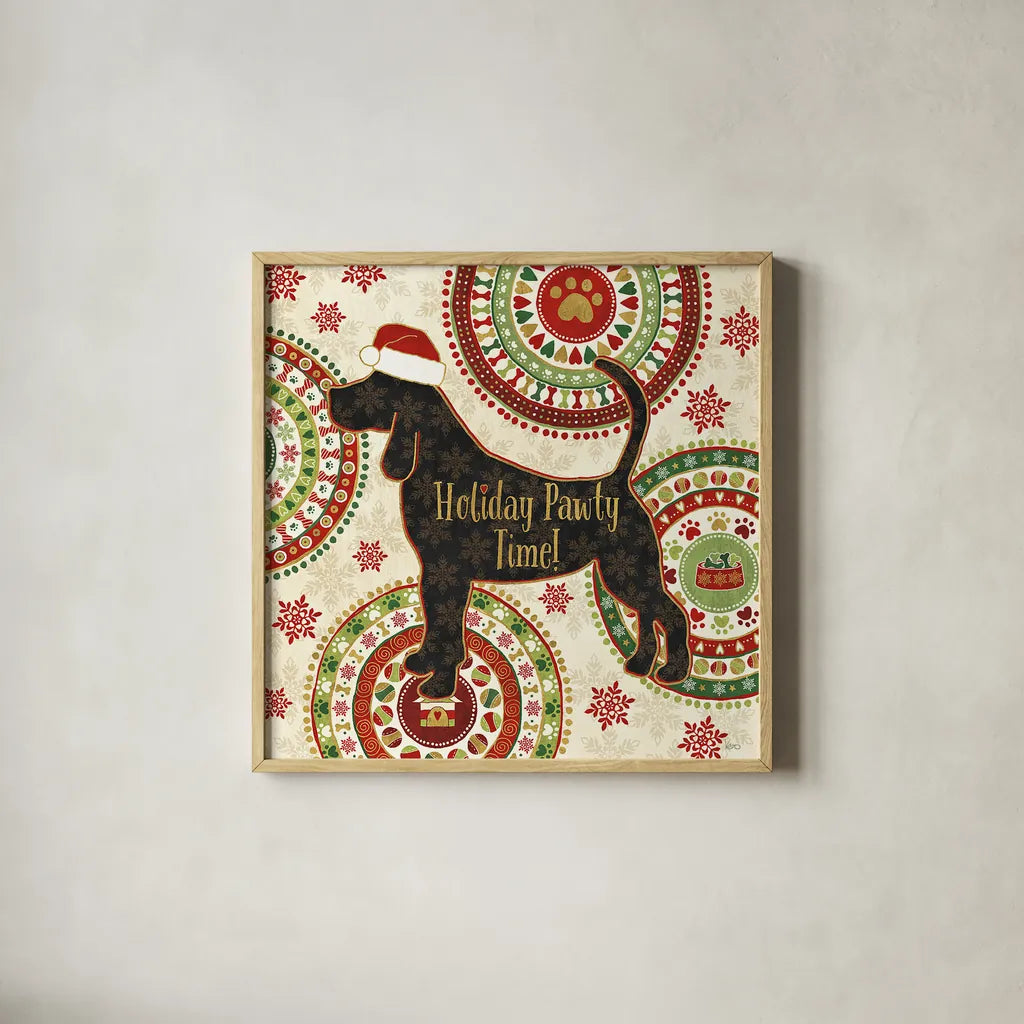 Happy Holidogs II by Veronique Charron. Shown in a natural wood glass frame for a timeless modern aesthetic. Available as an archival giclee rolled canvas, fine art paper, or poster print. SKU 26060a.