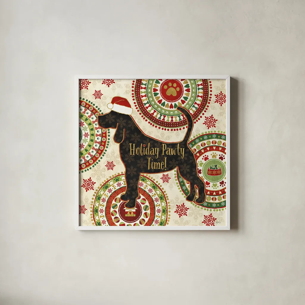 Happy Holidogs II by Veronique Charron. Shown in a crisp white glass frame for a clean and minimalist style. Available as an archival giclee rolled canvas, fine art paper, or poster print. SKU 26060a.