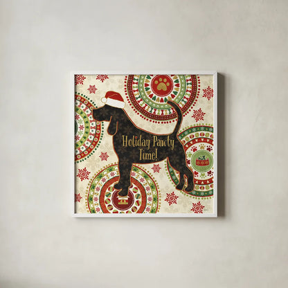 Happy Holidogs II by Veronique Charron. Shown in a crisp white glass frame for a clean and minimalist style. Available as an archival giclee rolled canvas, fine art paper, or poster print. SKU 26060a.