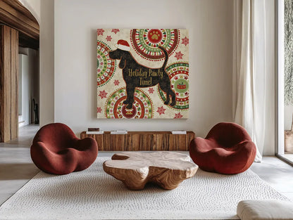 Happy Holidogs II by Veronique Charron. Shown as extra-large giant wall art in a modern living room. Available as an archival giclee rolled canvas, fine art paper, or poster print. SKU 26060a.