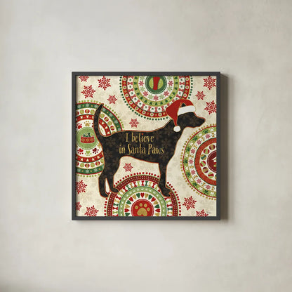 Happy Holidogs III by Veronique Charron. Shown in a sleek black glass frame for a contemporary gallery look. Available as an archival giclee rolled canvas, fine art paper, or poster print. SKU 26061a.