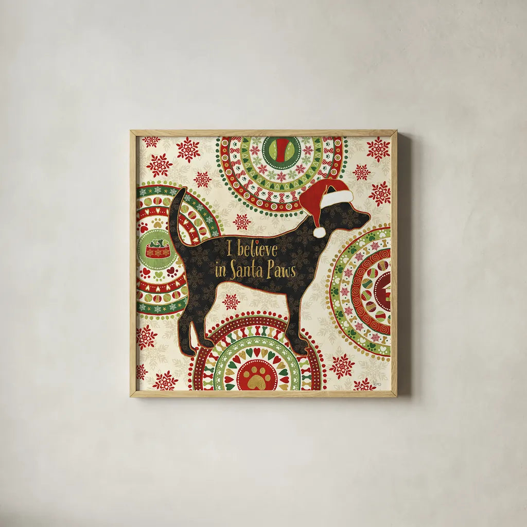 Happy Holidogs III by Veronique Charron. Shown in a natural wood glass frame for a timeless modern aesthetic. Available as an archival giclee rolled canvas, fine art paper, or poster print. SKU 26061a.