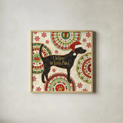 Happy Holidogs III by Veronique Charron. Shown in a natural wood glass frame for a timeless modern aesthetic. Available as an archival giclee rolled canvas, fine art paper, or poster print. SKU 26061a.