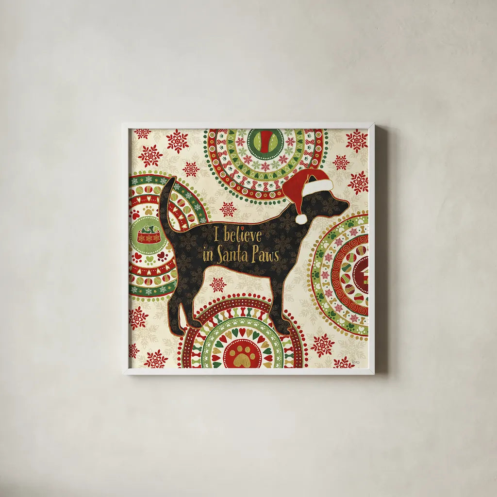 Happy Holidogs III by Veronique Charron. Shown in a crisp white glass frame for a clean and minimalist style. Available as an archival giclee rolled canvas, fine art paper, or poster print. SKU 26061a.