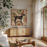 Happy Holidogs III by Veronique Charron. Shown in a natural wood frame in a cozy modern living room. Available as an archival giclee rolled canvas, fine art paper, or poster print. SKU 26061a.