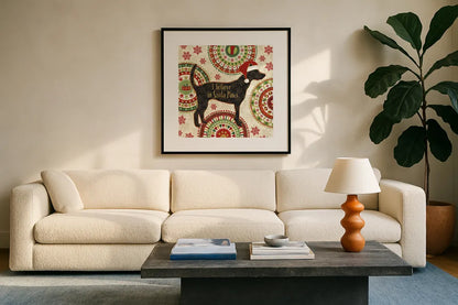Happy Holidogs III by Veronique Charron. Displayed in a glass frame with matte in a clean modern living room. Available as an archival giclee rolled canvas, fine art paper, or poster print. SKU 26061a.