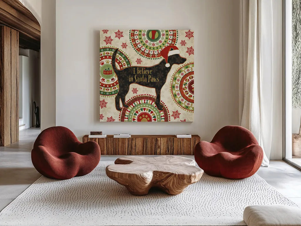 Happy Holidogs III by Veronique Charron. Shown as extra-large giant wall art in a modern living room. Available as an archival giclee rolled canvas, fine art paper, or poster print. SKU 26061a.