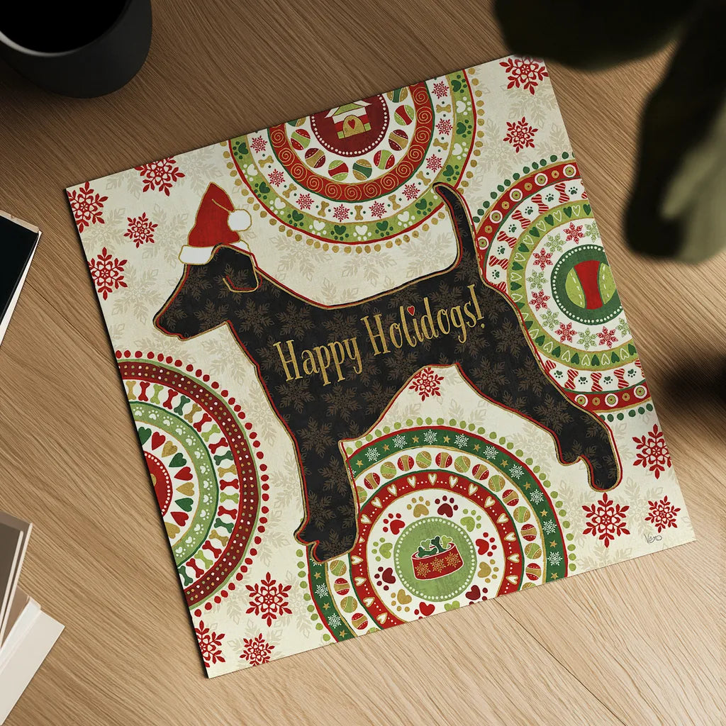 Happy Holidogs IV by Veronique Charron. Shown as a detailed flat fine art print, highlighting archival giclee quality. Available as an archival giclee rolled canvas, fine art paper, or poster print. SKU 26062a.