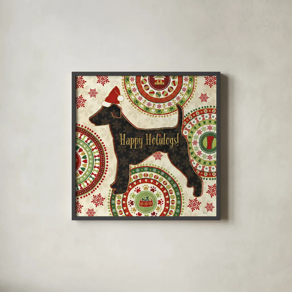 Happy Holidogs IV by Veronique Charron. Shown in a sleek black glass frame for a contemporary gallery look. Available as an archival giclee rolled canvas, fine art paper, or poster print. SKU 26062a.