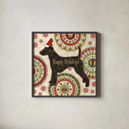 Happy Holidogs IV by Veronique Charron. Shown in a sleek black glass frame for a contemporary gallery look. Available as an archival giclee rolled canvas, fine art paper, or poster print. SKU 26062a.