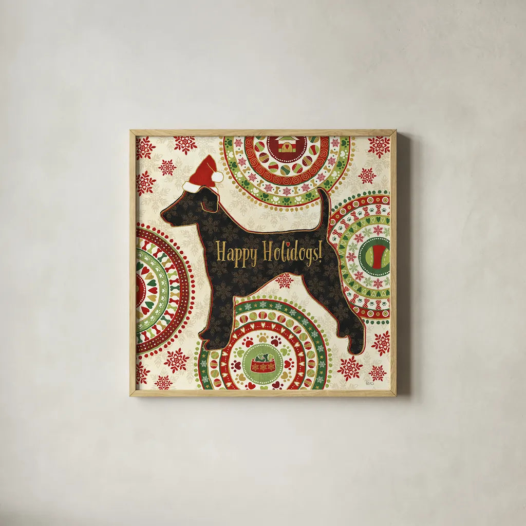 Happy Holidogs IV by Veronique Charron. Shown in a natural wood glass frame for a timeless modern aesthetic. Available as an archival giclee rolled canvas, fine art paper, or poster print. SKU 26062a.