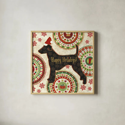 Happy Holidogs IV by Veronique Charron. Shown in a natural wood glass frame for a timeless modern aesthetic. Available as an archival giclee rolled canvas, fine art paper, or poster print. SKU 26062a.