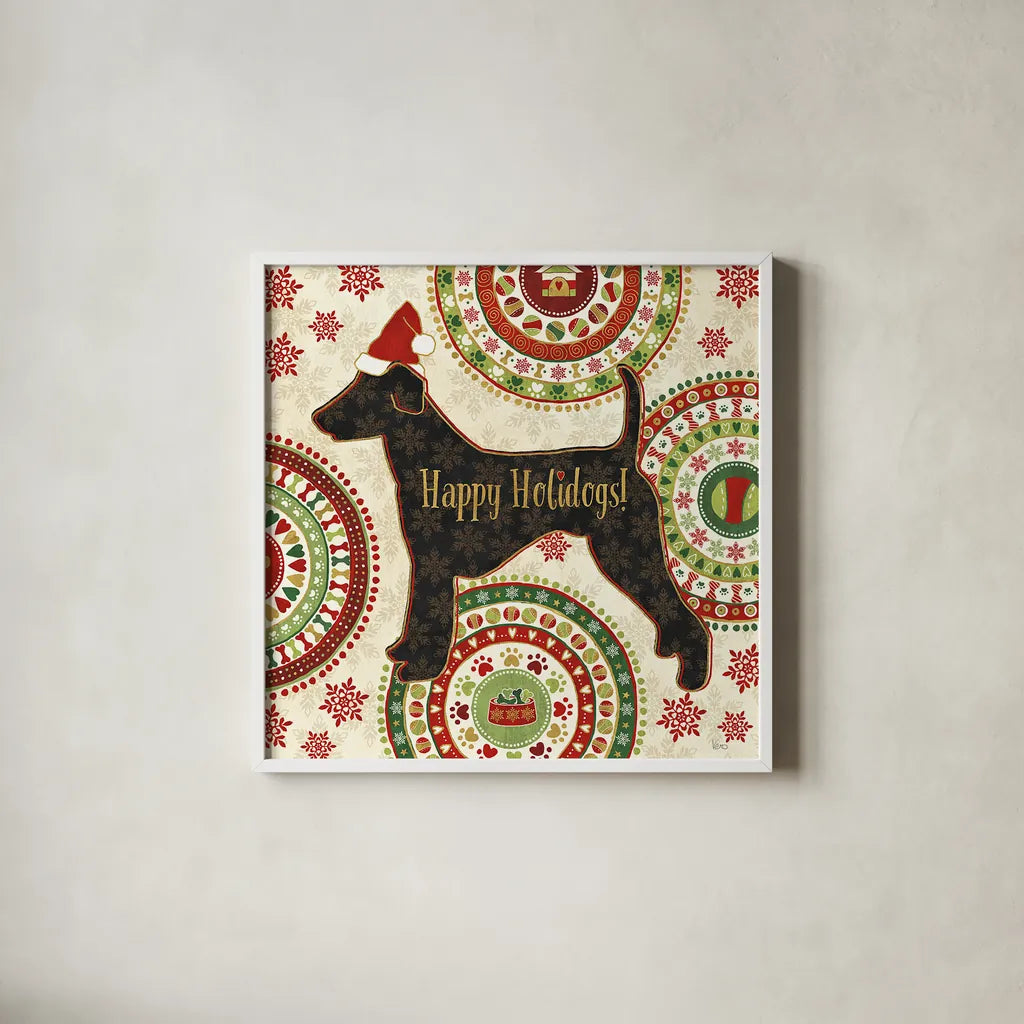 Happy Holidogs IV by Veronique Charron. Shown in a crisp white glass frame for a clean and minimalist style. Available as an archival giclee rolled canvas, fine art paper, or poster print. SKU 26062a.