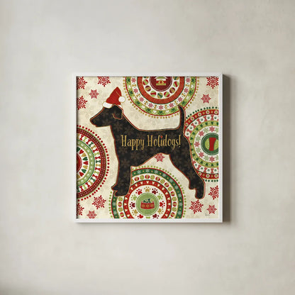 Happy Holidogs IV by Veronique Charron. Shown in a crisp white glass frame for a clean and minimalist style. Available as an archival giclee rolled canvas, fine art paper, or poster print. SKU 26062a.