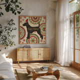Happy Holidogs IV by Veronique Charron. Shown in a natural wood frame in a cozy modern living room. Available as an archival giclee rolled canvas, fine art paper, or poster print. SKU 26062a.