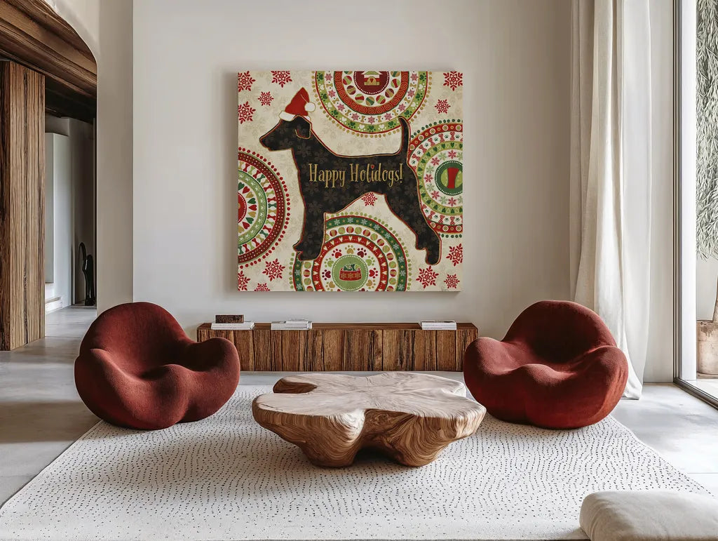 Happy Holidogs IV by Veronique Charron. Shown as extra-large giant wall art in a modern living room. Available as an archival giclee rolled canvas, fine art paper, or poster print. SKU 26062a.