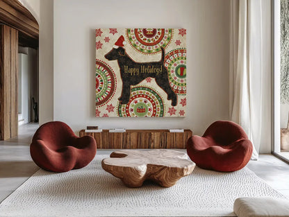 Happy Holidogs IV by Veronique Charron. Shown as extra-large giant wall art in a modern living room. Available as an archival giclee rolled canvas, fine art paper, or poster print. SKU 26062a.
