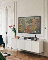 Harvest Craze I by Veronique Charron. shown as a framed stretched canvas in a living room above a console. Available as a archival giclee rolled canvas, fine art paper, or poster print. SKU 81581i.