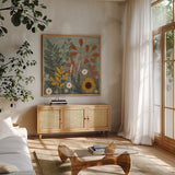 Harvest Craze II by Veronique Charron. Shown in a natural wood frame in a cozy modern living room. Available as an archival giclee rolled canvas, fine art paper, or poster print. SKU 81582a.