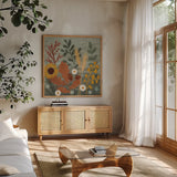 Harvest Craze III by Veronique Charron. Shown in a natural wood frame in a cozy modern living room. Available as an archival giclee rolled canvas, fine art paper, or poster print. SKU 81583a.
