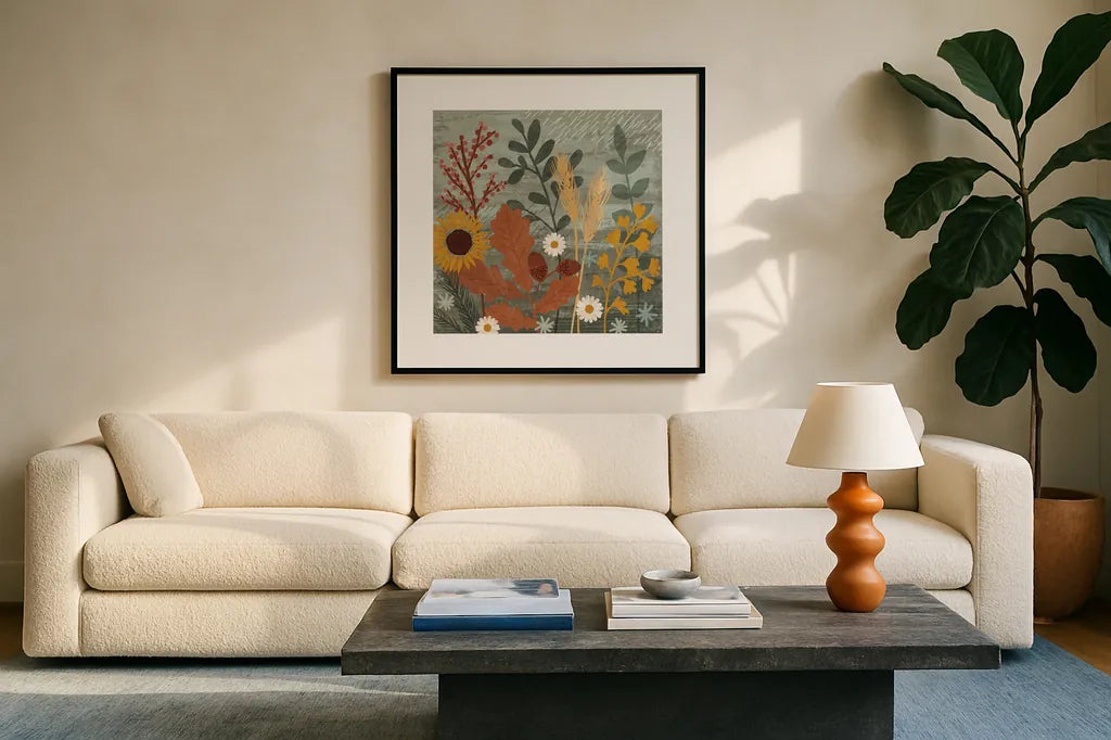 Harvest Craze III by Veronique Charron. Displayed in a glass frame with matte in a clean modern living room. Available as an archival giclee rolled canvas, fine art paper, or poster print. SKU 81583a.