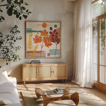 Harvest Horizon II by Veronique Charron. Shown in a natural wood frame in a cozy modern living room. Available as an archival giclee rolled canvas, fine art paper, or poster print. SKU 83025a.