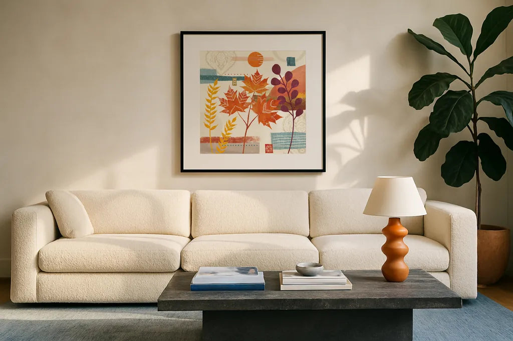 Harvest Horizon II by Veronique Charron. Displayed in a glass frame with matte in a clean modern living room. Available as an archival giclee rolled canvas, fine art paper, or poster print. SKU 83025a.