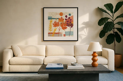 Harvest Horizon II by Veronique Charron. Displayed in a glass frame with matte in a clean modern living room. Available as an archival giclee rolled canvas, fine art paper, or poster print. SKU 83025a.