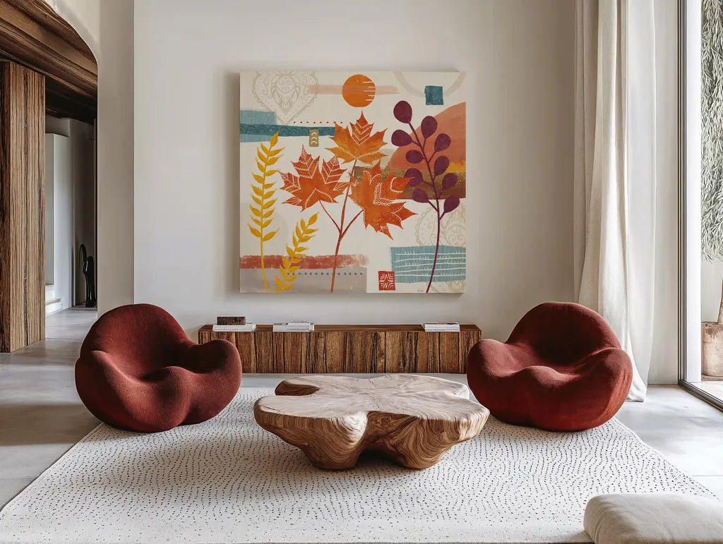 Harvest Horizon II by Veronique Charron. Shown as extra-large giant wall art in a modern living room. Available as an archival giclee rolled canvas, fine art paper, or poster print. SKU 83025a.