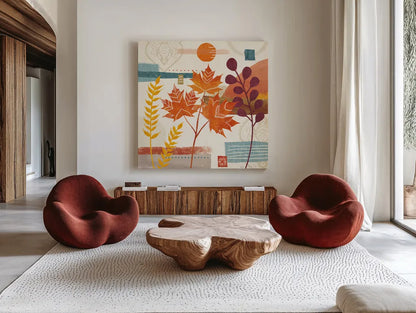 Harvest Horizon II by Veronique Charron. Shown as extra-large giant wall art in a modern living room. Available as an archival giclee rolled canvas, fine art paper, or poster print. SKU 83025a.