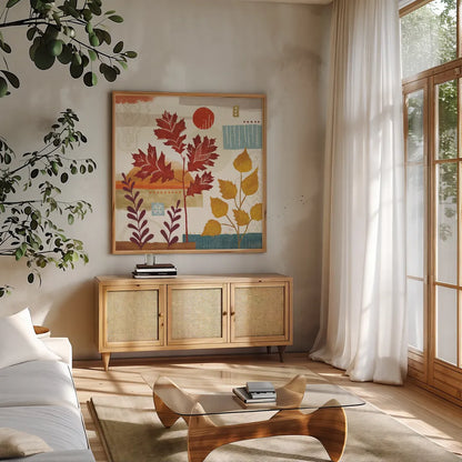 Harvest Horizon III by Veronique Charron. Shown in a natural wood frame in a cozy modern living room. Available as an archival giclee rolled canvas, fine art paper, or poster print. SKU 83026a.