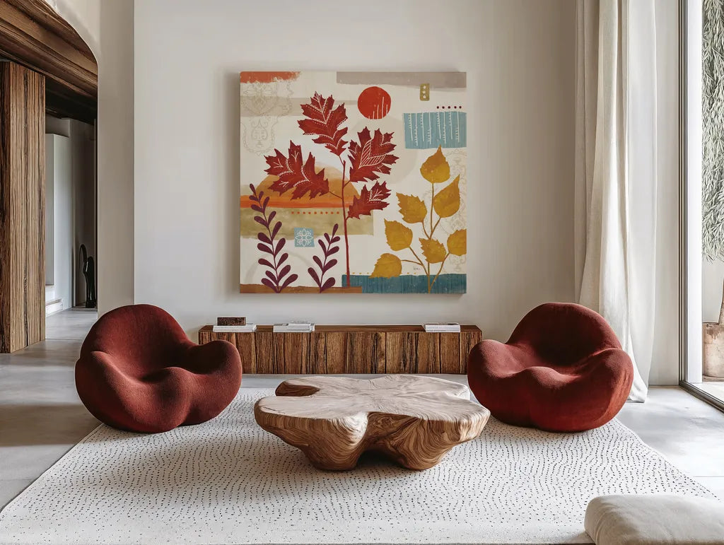 Harvest Horizon III by Veronique Charron. Shown as extra-large giant wall art in a modern living room. Available as an archival giclee rolled canvas, fine art paper, or poster print. SKU 83026a.