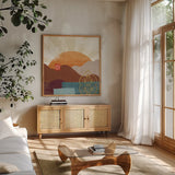 Harvest Horizon IV by Veronique Charron. Shown in a natural wood frame in a cozy modern living room. Available as an archival giclee rolled canvas, fine art paper, or poster print. SKU 83027a.