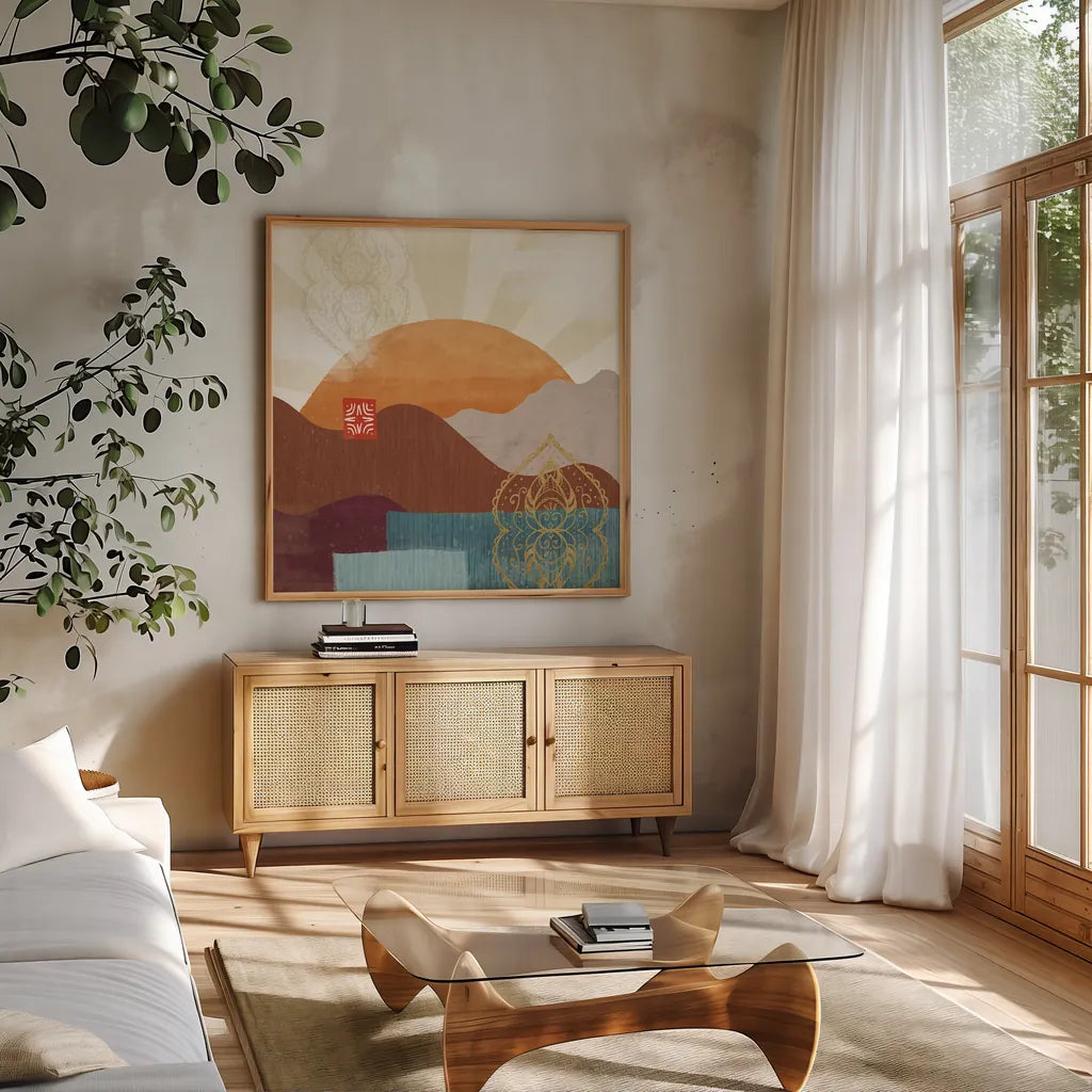 Harvest Horizon IV by Veronique Charron. Shown in a natural wood frame in a cozy modern living room. Available as an archival giclee rolled canvas, fine art paper, or poster print. SKU 83027a.