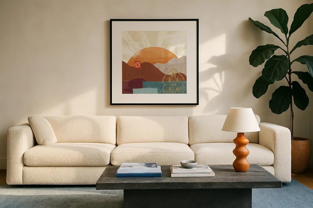 Harvest Horizon IV by Veronique Charron. Displayed in a glass frame with matte in a clean modern living room. Available as an archival giclee rolled canvas, fine art paper, or poster print. SKU 83027a.