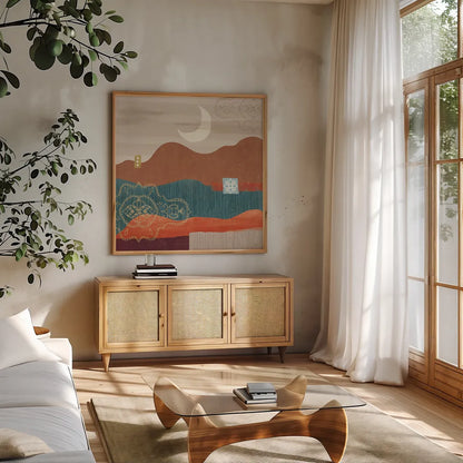 Harvest Horizon V by Veronique Charron. Shown in a natural wood frame in a cozy modern living room. Available as an archival giclee rolled canvas, fine art paper, or poster print. SKU 83028a.