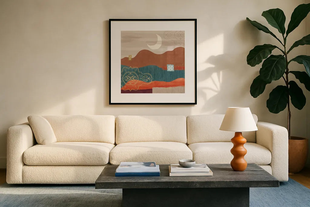 Harvest Horizon V by Veronique Charron. Displayed in a glass frame with matte in a clean modern living room. Available as an archival giclee rolled canvas, fine art paper, or poster print. SKU 83028a.