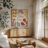 Harvest Horizon VII by Veronique Charron. Shown in a natural wood frame in a cozy modern living room. Available as an archival giclee rolled canvas, fine art paper, or poster print. SKU 83030a.