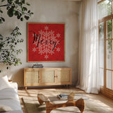 Holiday Charms I Red by Veronique Charron. Shown in a natural wood frame in a cozy modern living room. Available as an archival giclee rolled canvas, fine art paper, or poster print. SKU 31971a.
