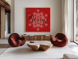 Holiday Charms I Red by Veronique Charron. Shown as extra-large giant wall art in a modern living room. Available as an archival giclee rolled canvas, fine art paper, or poster print. SKU 31971a.