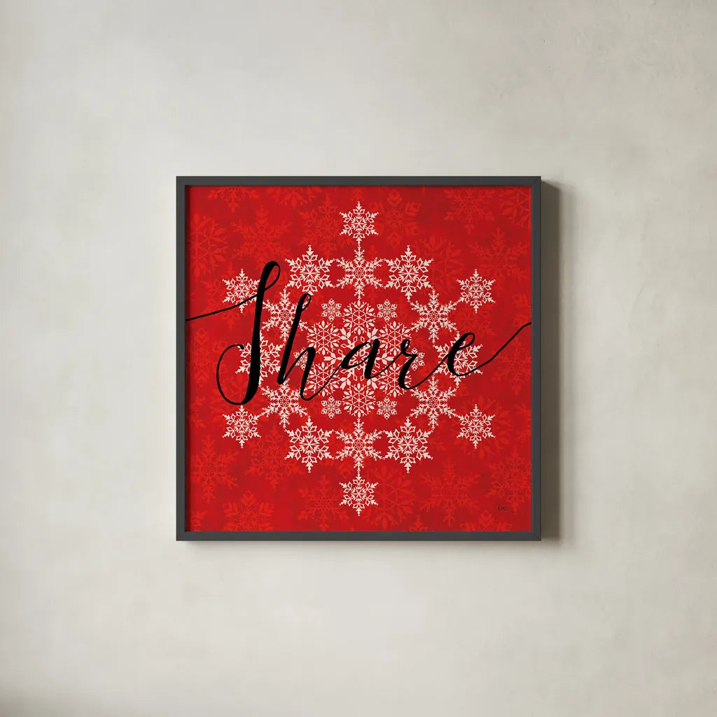 Holiday Charms II Red by Veronique Charron. Shown in a sleek black glass frame for a contemporary gallery look. Available as an archival giclee rolled canvas, fine art paper, or poster print. SKU 31972a.