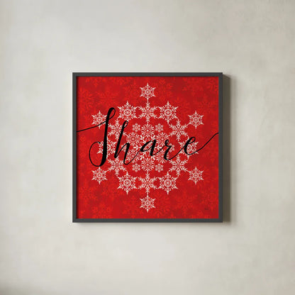 Holiday Charms II Red by Veronique Charron. Shown in a sleek black glass frame for a contemporary gallery look. Available as an archival giclee rolled canvas, fine art paper, or poster print. SKU 31972a.