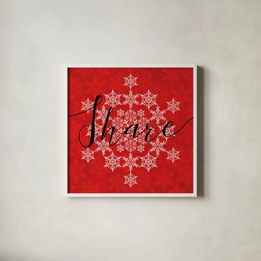 Holiday Charms II Red by Veronique Charron. Shown in a crisp white glass frame for a clean and minimalist style. Available as an archival giclee rolled canvas, fine art paper, or poster print. SKU 31972a.