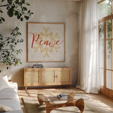 Holiday Charms III by Veronique Charron. Shown in a natural wood frame in a cozy modern living room. Available as an archival giclee rolled canvas, fine art paper, or poster print. SKU 31967a.