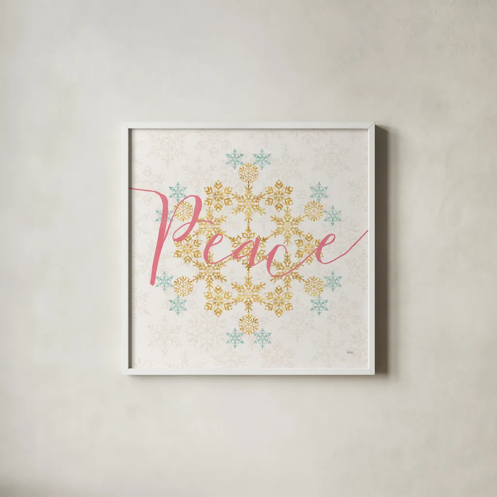 Holiday Charms III Bright by Veronique Charron. Shown in a crisp white glass frame for a clean and minimalist style. Available as an archival giclee rolled canvas, fine art paper, or poster print. SKU 66629a.