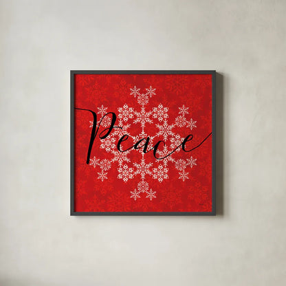 Holiday Charms III Red by Veronique Charron. Shown in a sleek black glass frame for a contemporary gallery look. Available as an archival giclee rolled canvas, fine art paper, or poster print. SKU 31973a.