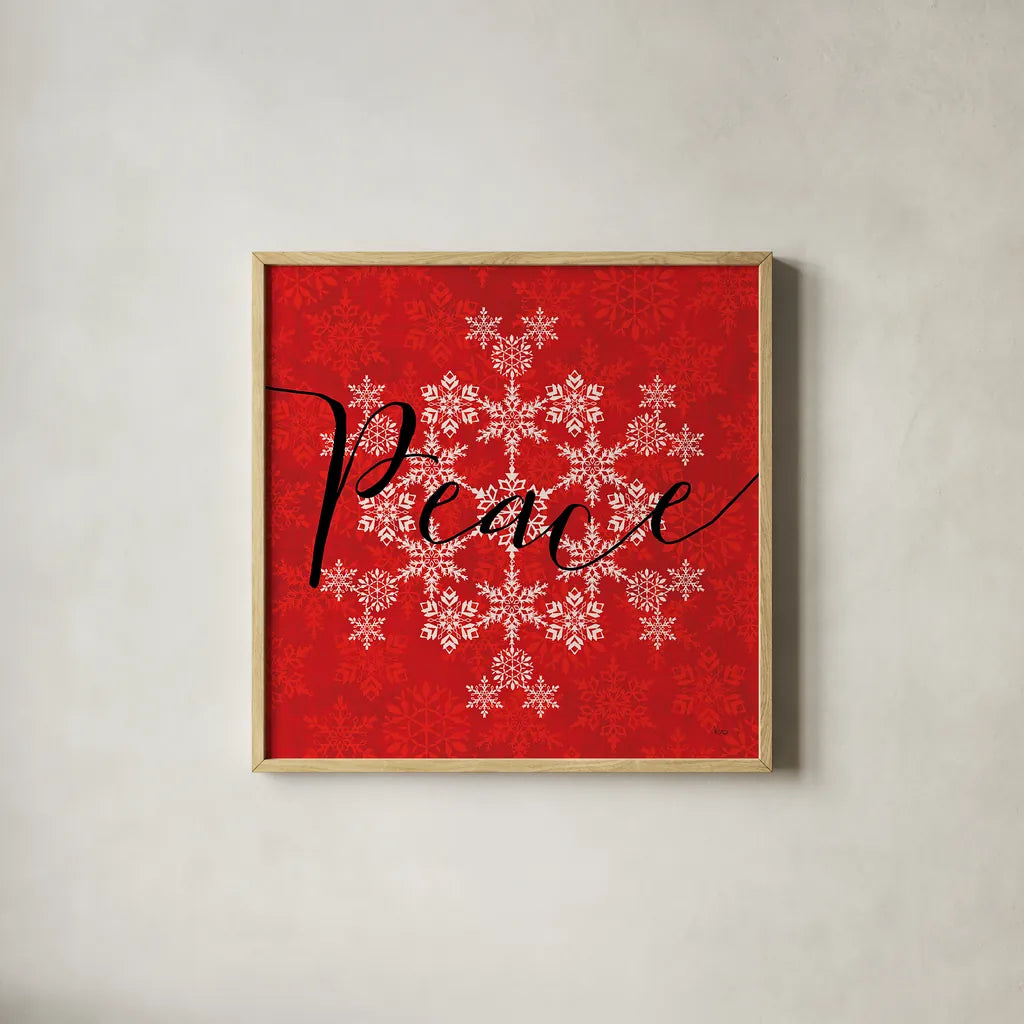 Holiday Charms III Red by Veronique Charron. Shown in a natural wood glass frame for a timeless modern aesthetic. Available as an archival giclee rolled canvas, fine art paper, or poster print. SKU 31973a.