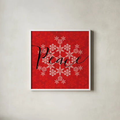 Holiday Charms III Red by Veronique Charron. Shown in a crisp white glass frame for a clean and minimalist style. Available as an archival giclee rolled canvas, fine art paper, or poster print. SKU 31973a.